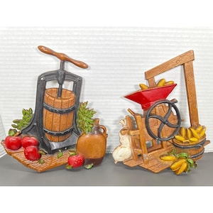 1978 Set of Homco Kitchen Cast Aluminum Wall Plaques Apples Corn Grannycore