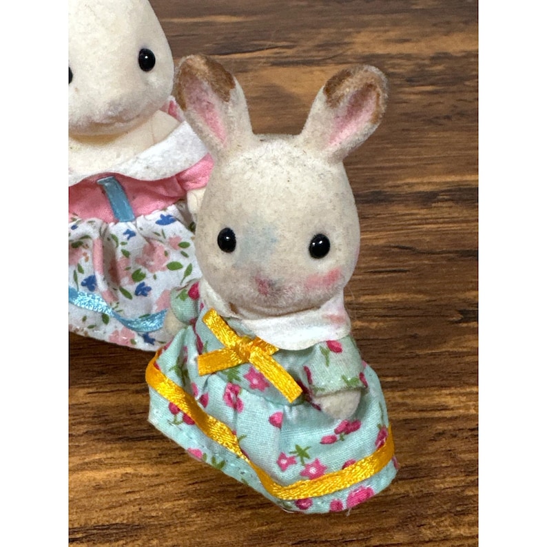 Pu&ograve; includere: Due piccole statuette di coniglietti di peluche. Una &egrave; a fuoco, indossa un vestito azzurro con motivi floreali rosa e un nastro giallo. L'altro coniglietto &egrave; parzialmente visibile, con un vestito rosa e bianco. Entrambi hanno occhi neri e orecchie con la punta marrone.