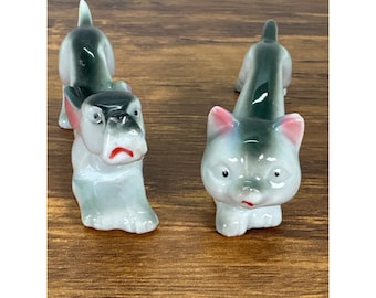 Vintage 50's Japan Set of Gray Stretching Cat and Dog  Figurines 5 " Kitschy MCM