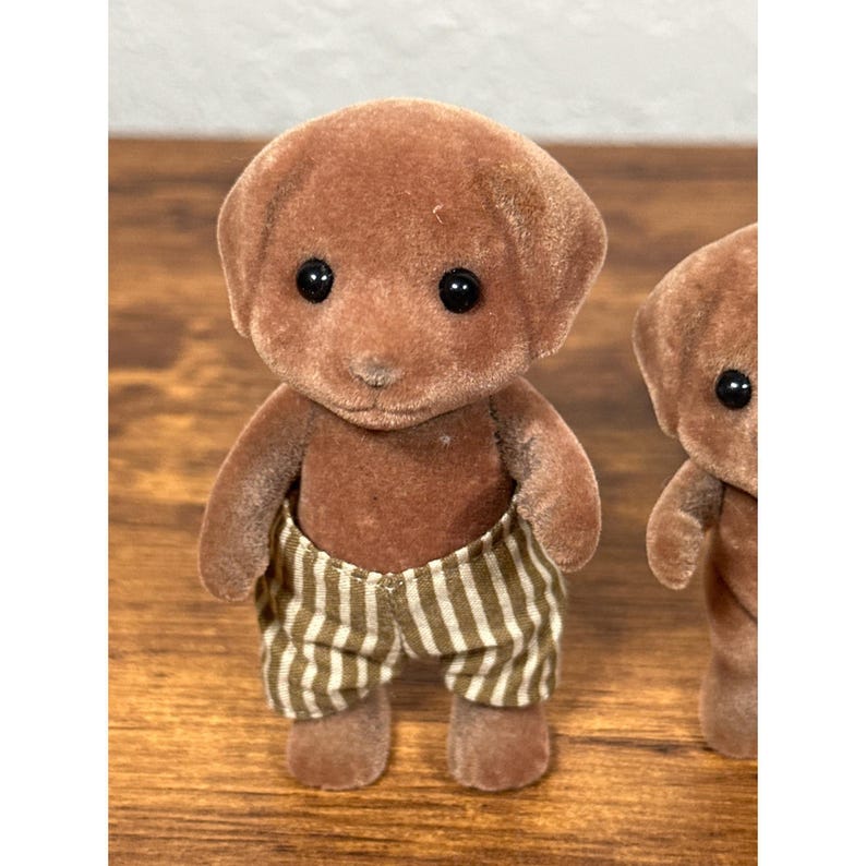 Op de afbeelding: Twee bruine puppybeeldjes met zwarte ogen. E&eacute;n puppy staat scherp, met een gestreepte bruin-witte korte broek. De andere puppy is rechts gedeeltelijk zichtbaar. De beeldjes staan op een houten oppervlak.