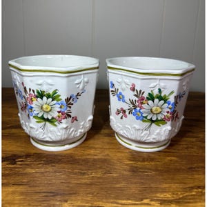 May include: Two white ceramic flower pots with a floral design. Each pot features a bouquet of daisies, blue and pink flowers, and green leaves. The pots have a hexagonal shape with a decorative base and a green trim.