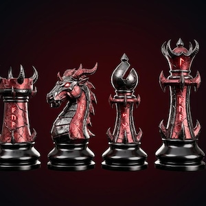 May include: A set of six chess pieces featuring a pawn, rook, knight, bishop, queen, and king. Each piece is crafted with a black and cracked red stone texture, accented with glowing red runes and sharp, horn-like protrusions on the tops.