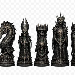 May include: A set of six dark, weathered chess pieces featuring intricate gothic designs. The collection includes a pawn with a sphere, a horse, a bishop, a rook, a queen, and a king, all adorned with skull motifs and textured, aged metal details.