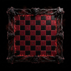 Può includere: Una scacchiera a tema fantasy con un'estetica oscura e gotica. La scacchiera presenta caselle rosse e nere alternate, con simboli runici incisi sulle caselle rosse. La cornice è intagliata con volti demoniaci e un bagliore rosso fuoco.