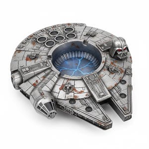 Op de afbeelding: Een gedetailleerde, zilverkleurige asbak in de vorm van het ruimteschip Millennium Falcon, met een blauw oplichtend midden en een Darth Vader-helm. De asbak heeft ingewikkelde panelen en een verweerde uitstraling.