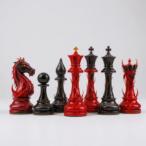May include: A set of chess pieces with a fiery theme. The pieces are red and black, with intricate designs. The knight is a dragon, and the king and queen have crown details. The set includes pawns, a bishop, and a rook.