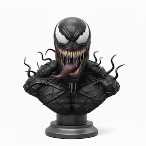 May include: A black Venom bust statue with a detailed sculpt. The statue features a menacing face with white eyes, sharp teeth, and a long, red tongue. The bust is mounted on a gray circular base.