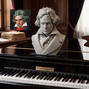 May include: A gray bust of Beethoven sits atop a black piano. The piano keys are white and black. A small painting of Beethoven is in the background. The piano has a gold nameplate that reads "L. van Beethoven."
