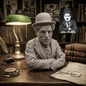 Charlie Chaplin Bust – Actor - Home Sculpture Home Office Decor - Desk Accessories Office Decor Birthday Gift