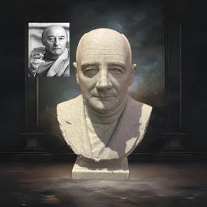 Peut inclure: Un buste en pierre de couleur claire représentant une personne chauve au front haut, vêtue d'une veste à col sur un pull à col roulé. La sculpture présente des traits du visage détaillés, dont un nez droit et une expression neutre, sur un socle carré.