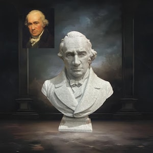 Puede incluir: Busto de piedra gris de un hombre con abrigo formal y pajarita, sobre un pedestal. Un retrato enmarcado del mismo hombre está en la esquina superior izquierda. El fondo es una pared oscura y texturizada con pilares.