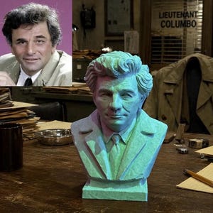 May include: A teal bust of a man in a suit and tie, with detailed facial features and hair. The bust is on a wooden desk, with a photo of the man in the upper left. The background includes a trench coat and a sign that says "Lieutenant Columbo."