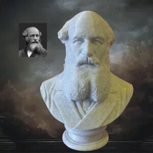May include: A white stone bust of a man with a prominent beard and mustache, wearing a collared jacket. A small black and white portrait of the same man is positioned in the upper left corner, showing him with a full beard and dark clothing.