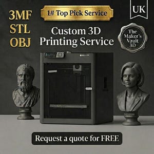 Könnte beinhalten: Ein dunkelgrauer 3D-Drucker mit dem Text "Custom 3D Printing Service". Zwei graue Büsten flankieren den Drucker. Der Text "Request a quote for FREE" steht unten. Das Bild enthält auch den Text "3MF, STL, OBJ."