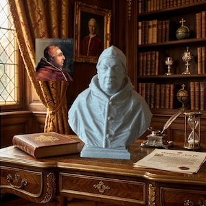 May include: A light blue stone bust of a person wearing a skullcap and a buttoned clerical garment, positioned on a wooden desk next to a leather-bound book, an hourglass, and a document with the text Decretum Leo PP.
