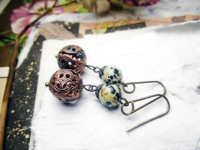 Beaded Drop Earrings Gemstone /& Brass Filigree Beads Rustic Assemblage Oxidized Fancy Brass Metal Ball Beads Bead Drop Earrings