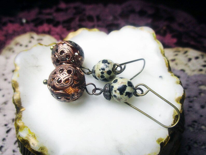 Beaded Drop Earrings Gemstone /& Brass Filigree Beads Rustic Assemblage Oxidized Fancy Brass Metal Ball Beads Bead Drop Earrings