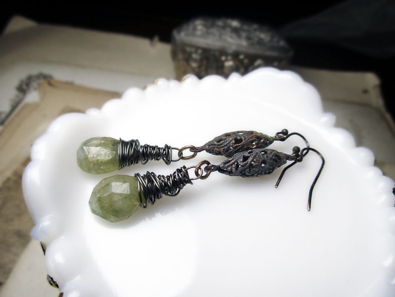 Rustic Beaded Earrings  Gemstone & Brass Filigree Drops  image 0