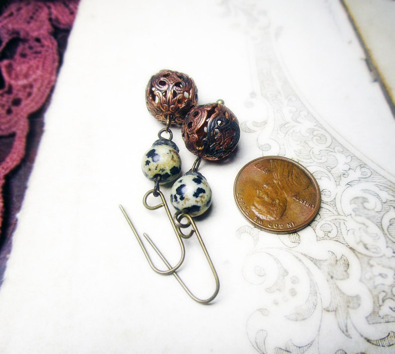 Beaded Drop Earrings Gemstone /& Brass Filigree Beads Rustic Assemblage Oxidized Fancy Brass Metal Ball Beads Bead Drop Earrings