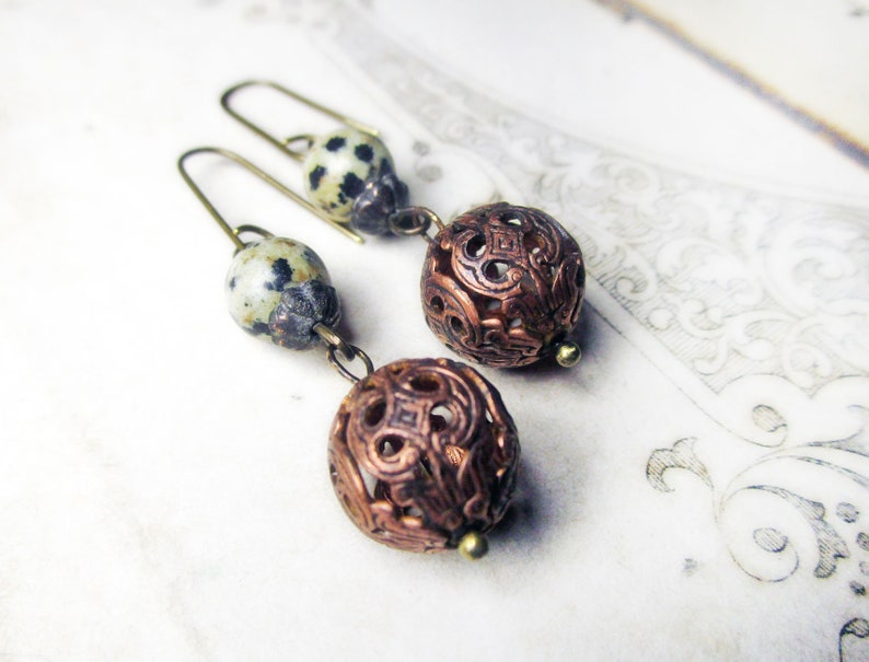 Beaded Drop Earrings Gemstone /& Brass Filigree Beads Rustic Assemblage Oxidized Fancy Brass Metal Ball Beads Bead Drop Earrings