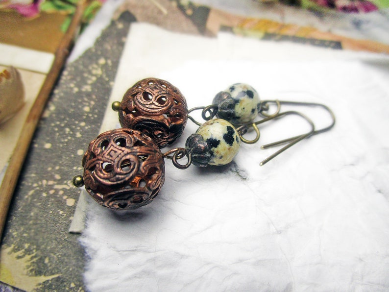 Beaded Drop Earrings Gemstone /& Brass Filigree Beads Rustic Assemblage Oxidized Fancy Brass Metal Ball Beads Bead Drop Earrings