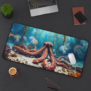 Octopus Jellyfish Desk Mat - Underwater Ocean Sea Creature Work Desk Pad, Gaming Mouse Pad, Desk Accessory, Home Office Decor, Gift