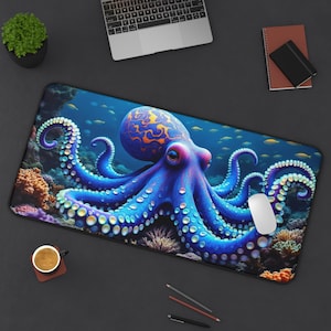 Purple Octopus Desk Mat, Octopus Mouse Pad, Ocean Animal Office Decor, Underwater Creature Work Desk Accessory, Sea Life Gaming Mousepad