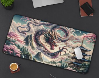 Japanese Dragon Desk Mat: Asian Landscape Gaming Mousepad