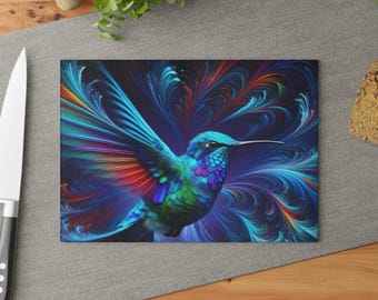 Tábua de corte de vidro temperado Abstract Hummingbird: decoração vibrante para cozinha