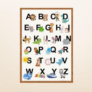 Póster del alfabeto, aprender el abecedario, ABC, habitación infantil, guardería, PDF en DIN A3 y A4.