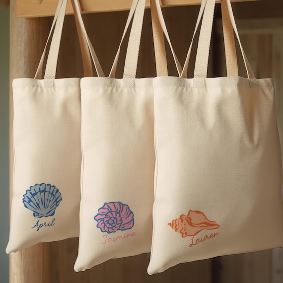 Custom Beach Bachelorette Tote: Personalized Shell Bach Bag, Coastal Bachelorette Party Favor