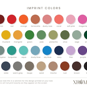 May include: A chart of 36 different color swatches with their names listed below each swatch. The colors are arranged in rows and columns, and the names are in black text. The chart is titled "IMPRINT COLORS".