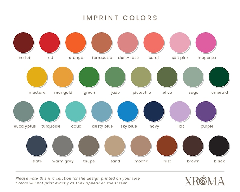 May include: A chart of 36 different color swatches with their names listed below each swatch. The colors are arranged in rows and columns, and the names are in black text. The chart is titled "IMPRINT COLORS".
