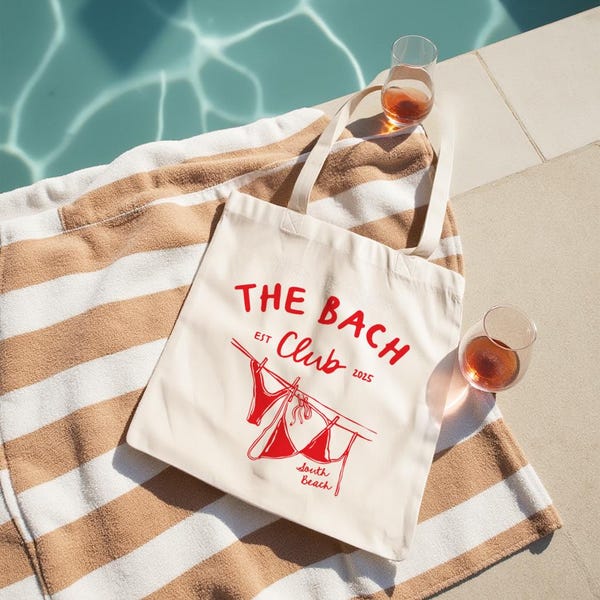 Sac fourre-tout personnalisé pour célibataire - The Bach Club South Beach avec des illustrations de bikini dessinées à la main