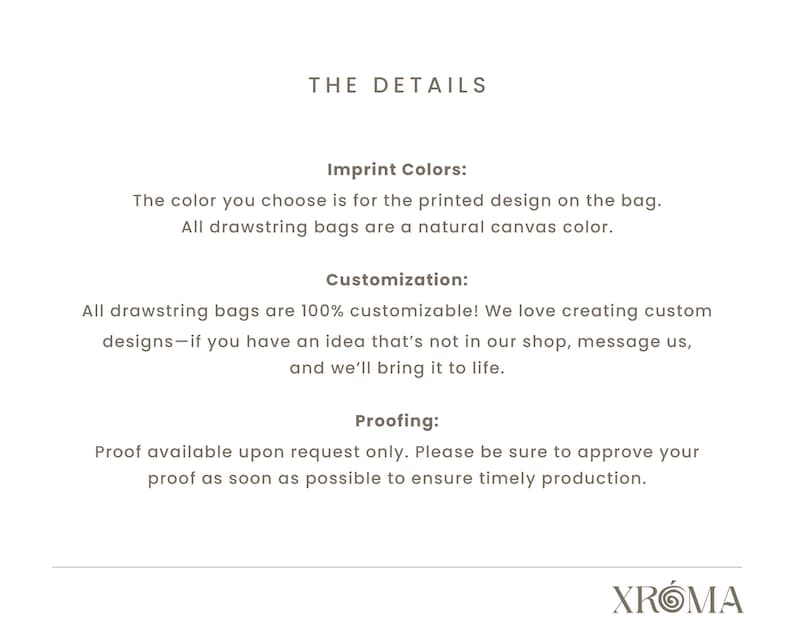 May include: Text overlay on a light brown background with the heading "THE DETAILS".  The text describes the details of drawstring bags, including imprint colors, customization options, and proofing.