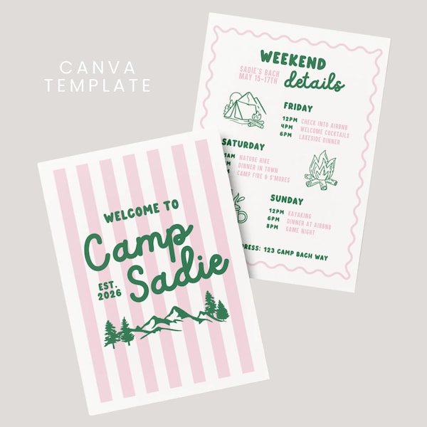 Custom Camp Bachelorette Weekend Itinerary & Invitation: Editable Canva Template