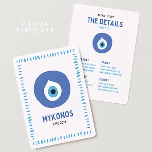 Puede incluir: Dos tarjetas blancas con detalles azules. Una tarjeta muestra "MYKONOS" y "JUNIO 2026" con un símbolo de ojo azul. La otra tarjeta dice "ELENA • STEVE" y "LOS DETALLES" con un horario. Las tarjetas tienen un borde punteado azul.