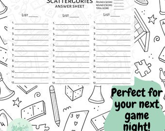 Scattergories Game Printable Answer Sheets, Extra Categories & How to Play, Family Game Night PDF, Instant Download