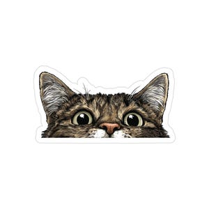 Puede incluir: Una pegatina con una ilustración detallada de la cara de un gato, con ojos grandes y abiertos y orejas erguidas. El gato tiene pelaje marrón y negro, una nariz rosada y una expresión de sorpresa. La pegatina está troquelada con un borde blanco.