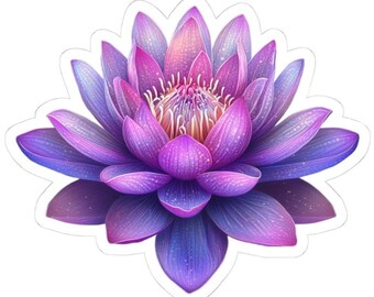May include: A purple and pink water lily with a detailed illustration of the flower's petals and center.