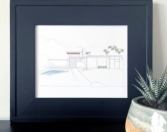 Mid Century Modern Architecture Drawing Neutra Palm Springs Art 8"x10"