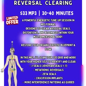May include: A blue graphic with the text "J-SEAL + METATRONIC REVERSAL CLEARING" and "LIMITED OFFER". It details an MP3 session designed to clear blockages and restore your blueprint. The image includes a diagram of a human figure.