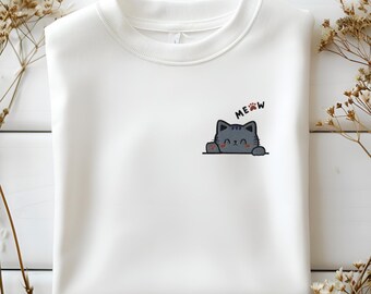 かわいい刺繍入り猫スウェットシャツ、かわいい猫プルオーバー、快適な子猫クルーネック、おしゃれな猫好きへのギフト、柔らかくて暖かい刺繍セーター、ニャー