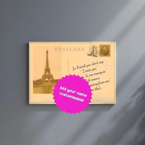 Postal francesa vintage para pared: «Tu me manques», personalizada con frase de amor manuscrita, opción de nombre personalizado, descarga digital romántica