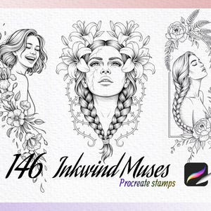 Op de afbeelding: Zwart-wit digitale illustratie met drie vrouwenportretten met bloemmotieven. De portretten zijn omringd door bloemen en bladeren. De tekst "146 Inkwind Muses Procreate stamps" staat eronder, samen met een Procreate app-icoon.