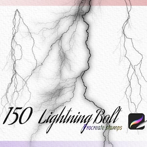 May include: Digital art print featuring 150 lightning bolt designs. The image showcases a white background with black and gray lightning bolt illustrations. The text "150 Lightning Bolt" is displayed in a stylized font, along with "procreate stamps".