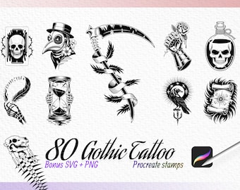80 Gothic Tattoo Stamp Brushes Tattoo Stamps Procreate Brushes Scary Procreate Halloween Stamp Procreate Tattoo Brushes SVG PNG Tattoo