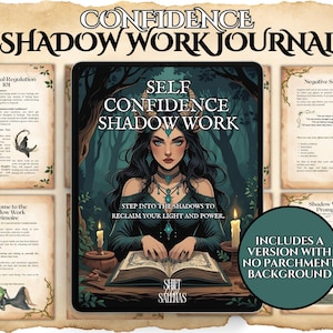 Könnte beinhalten: Ein digitales Journal mit dem Titel "Self Confidence Shadow Work" mit einer Frau auf dem Cover. Das Journal enthält Seiten zu emotionaler Regulierung, Schattenarbeit und negativem Selbstgespräch. Erhältlich mit und ohne Pergamenthintergrund.