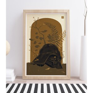 May include: A black Darth Vader helmet is partially submerged in a brown, leafy background. The helmet is surrounded by ferns and other foliage, creating a surreal and artistic image.