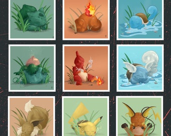 Sleeping Pokemon Nerdy Art Print (Charmander, Squirtle, Bulbasaur, Pikachu, Mew, Eevee)